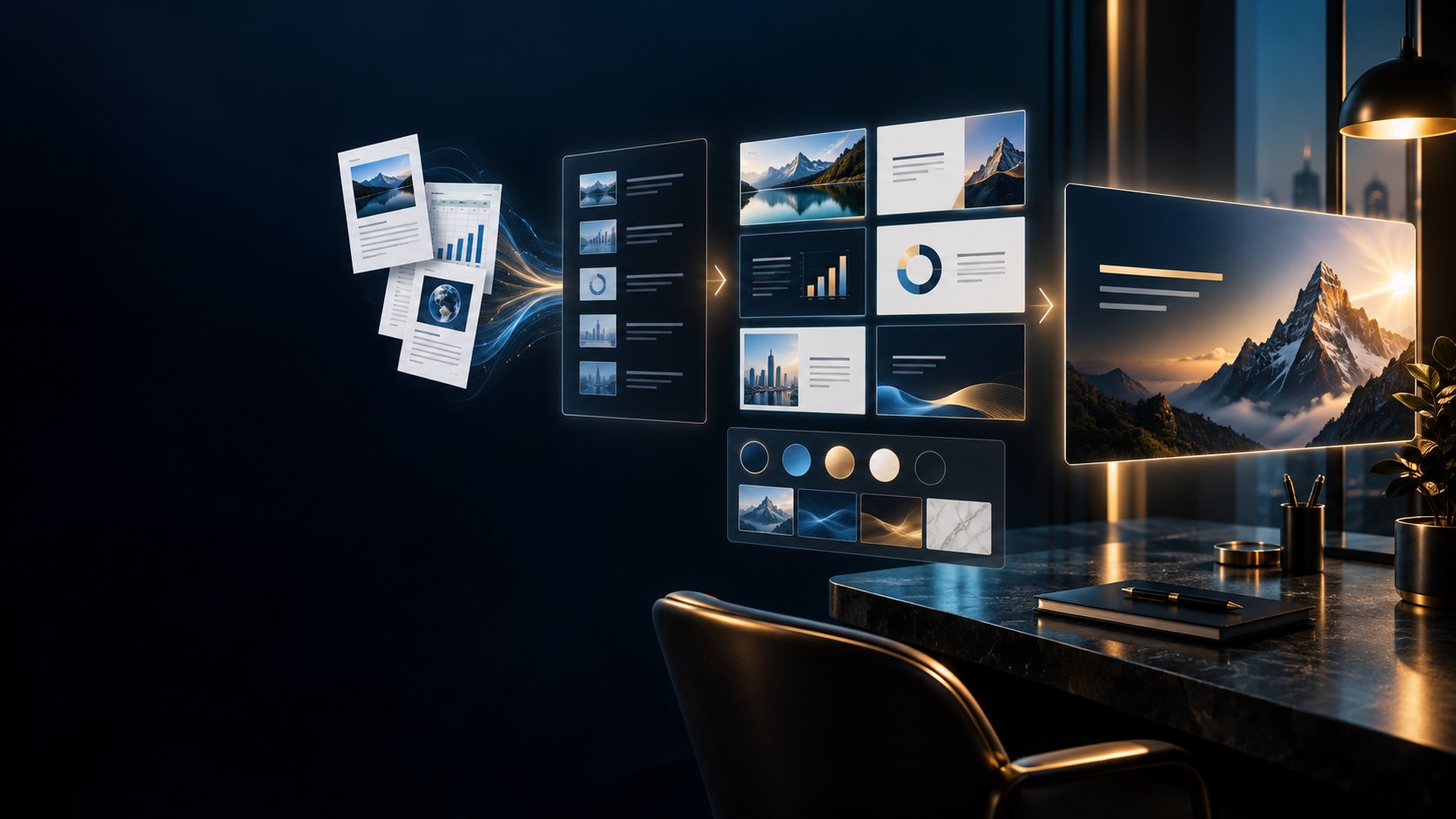 Illustration of figures and source material becoming a structured presentation